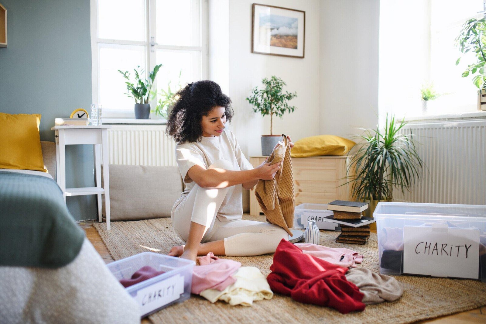 Young woman sorting wardrobe indoors at home, charity donation concept